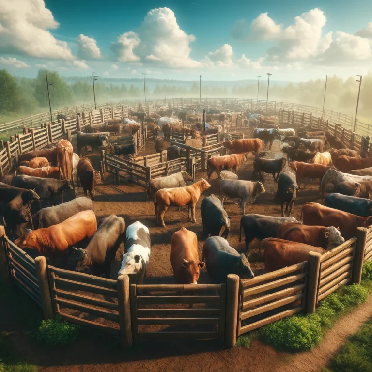DALL·E 2024-06-10 07.55.22 – A beautiful, realistic image of a cattle pen (curral) filled with cows. The scene shows a well-maintained wooden corral under a bright blue sky with f