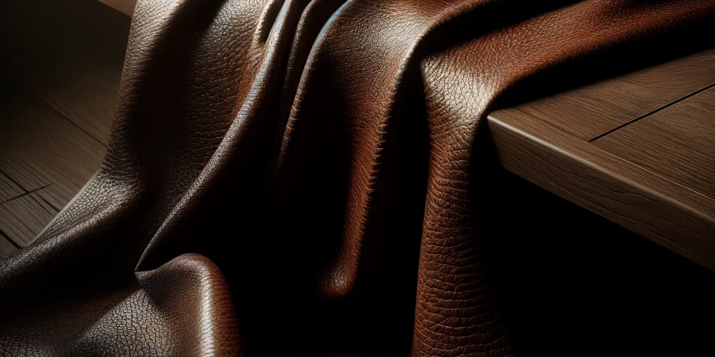 DALL·E 2024-06-13 08.05.48 – A detailed, realistic image of a leather fabric draped over a table. The table should be made of dark wood, and the leather fabric should be rich, dar