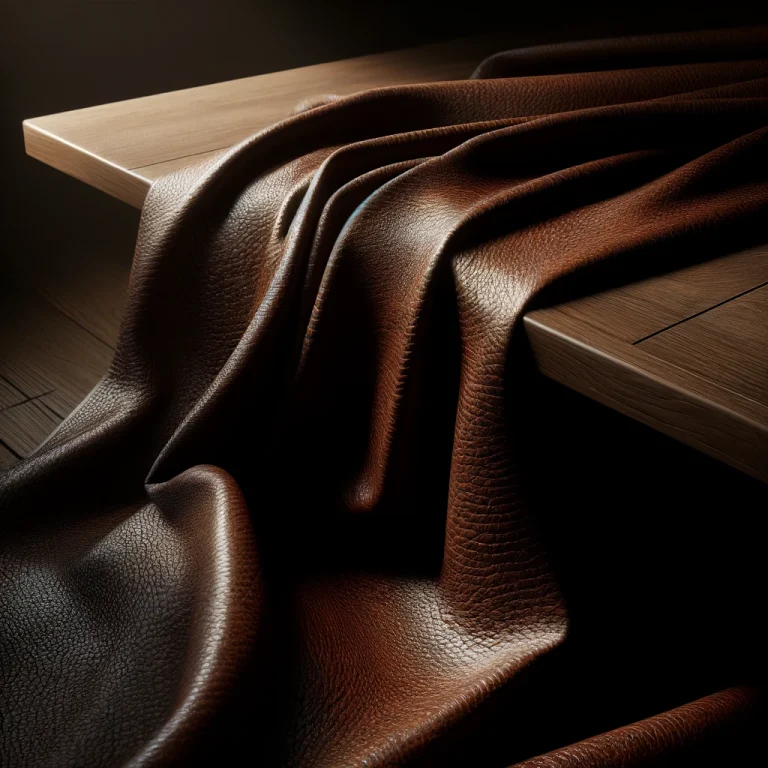 DALL·E 2024-06-13 08.05.48 – A detailed, realistic image of a leather fabric draped over a table. The table should be made of dark wood, and the leather fabric should be rich, dar