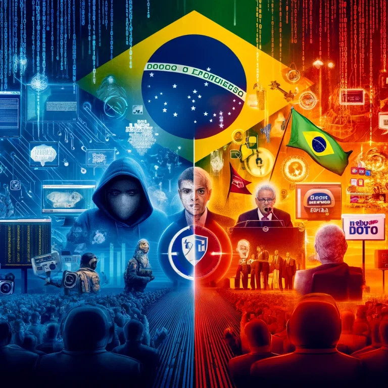 DALL·E 2024-06-17 08.07.52 – An image representing hybrid warfare and political marketing in Brazil. On one side, a digital battlefield with cyber warfare symbols like hackers, bi