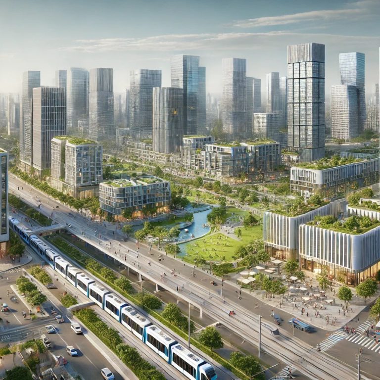 DALL·E 2024-06-24 07.44.19 – A realistic image of a modern city featuring a variety of architectural styles, including sleek skyscrapers, contemporary residential buildings, and g