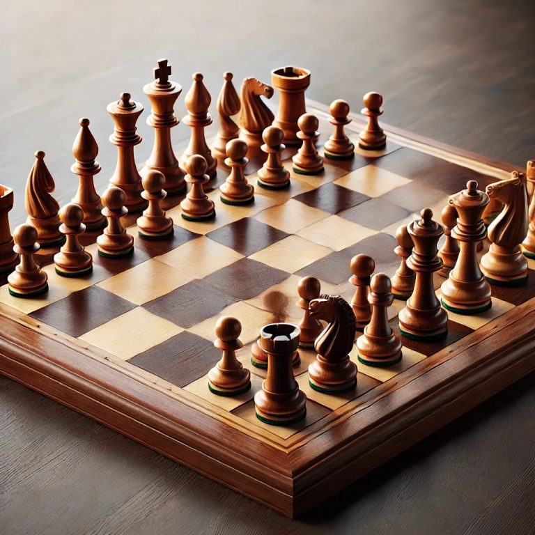 DALL·E 2024-06-26 20.34.55 – A realistic chessboard with a classic wooden design. The board is set up for a standard game, with all pieces in their starting positions. The pawns a