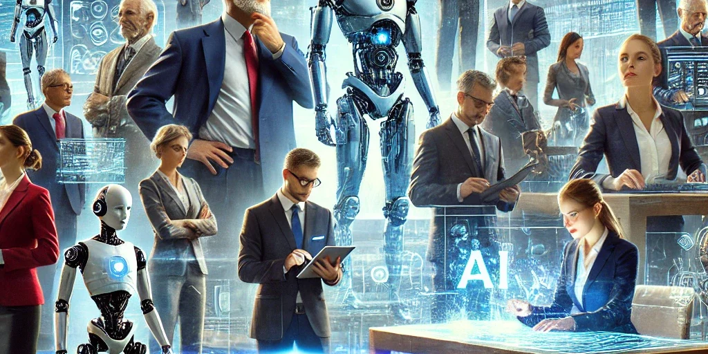 DALL·E 2024-09-23 15.32.51 – A realistic and impactful image showing advisors, CEOs, and professors adapting to the AI revolution. In the foreground, a diverse group of leaders in