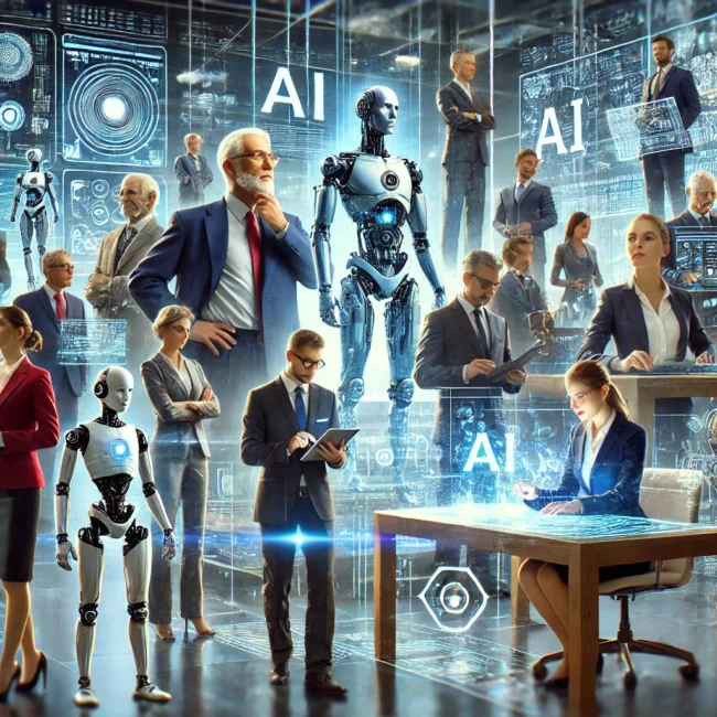 DALL·E 2024-09-23 15.32.51 – A realistic and impactful image showing advisors, CEOs, and professors adapting to the AI revolution. In the foreground, a diverse group of leaders in
